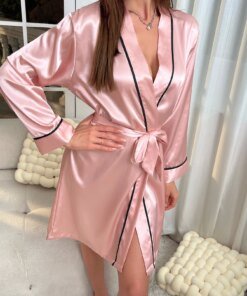 Simple Satin Night Robe Elegant V Neck Long Sleeve House Robe With Belt  Women's Sleepwear