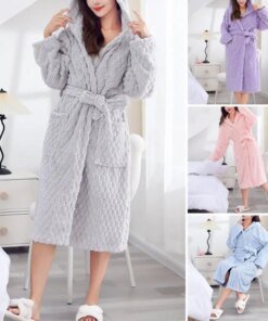 Thicken Fuzzy Robes Bathrobe Long Women Cute Ear Warm Hooded Robe Rabbit Flannel Kimono Bath Robe Dressing Gown Velvet Sleepwear