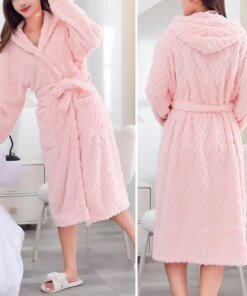 Alternative view of Thicken Fuzzy Robes Bathrobe Long Women Cute Ear Warm Hooded Robe Rabbit Flannel Kimono Bath Robe Dressing Gown Velvet Sleepwear