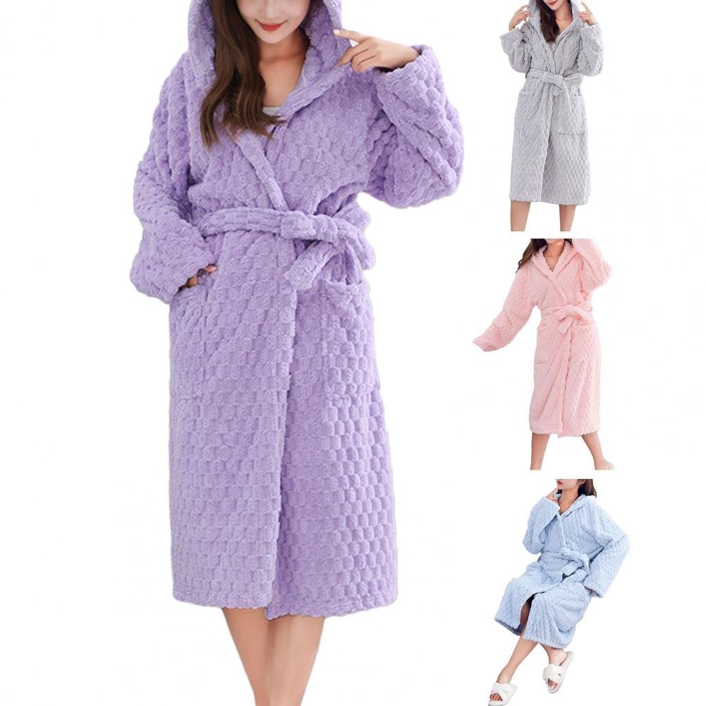 Thicken Fuzzy Robes Bathrobe Long Women Cute Ear Warm Hooded Robe Rabbit Flannel Kimono Bath Robe Dressing Gown Velvet Sleepwear