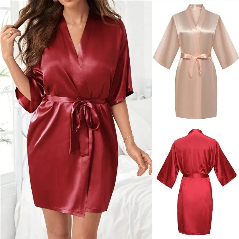 Women Silk Satin Short Night Robe Solid Kimono Robe Fashion Bath Robe Sexy Bathrobe Peignoir Femme Wedding Bride Bridesmaid Robe Women Silk Satin Short Night Robe Solid Kimono Robe Fashion Bath Robe Sexy Bathrobe Peignoir Femme Wedding Bride Bridesmaid Robe