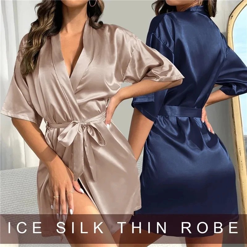 Women Silk Satin Short Night Robe Solid Kimono Robe Fashion Bath Robe Sexy Bathrobe Peignoir Femme Wedding Bride Bridesmaid Robe Women Silk Satin Short Night Robe Solid Kimono Robe Fashion Bath Robe Sexy Bathrobe Peignoir Femme Wedding Bride Bridesmaid Robe