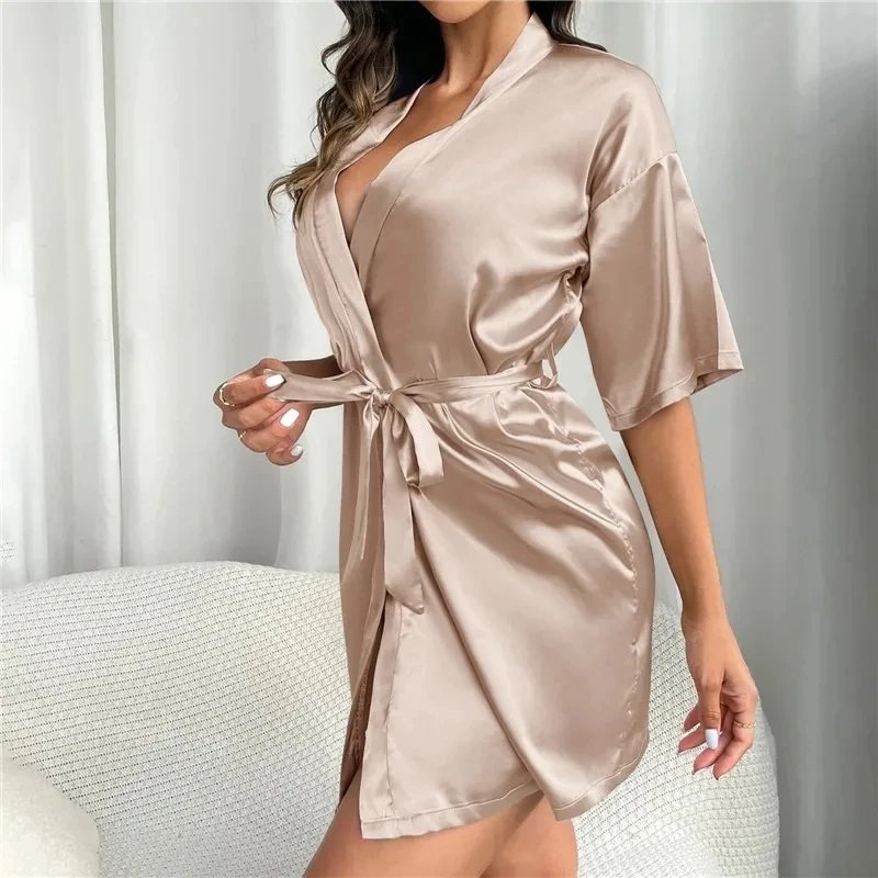 Women Silk Satin Short Night Robe Solid Kimono Robe Fashion Bath Robe Sexy Bathrobe Peignoir Femme Wedding Bride Bridesmaid Robe Women Silk Satin Short Night Robe Solid Kimono Robe Fashion Bath Robe Sexy Bathrobe Peignoir Femme Wedding Bride Bridesmaid Robe