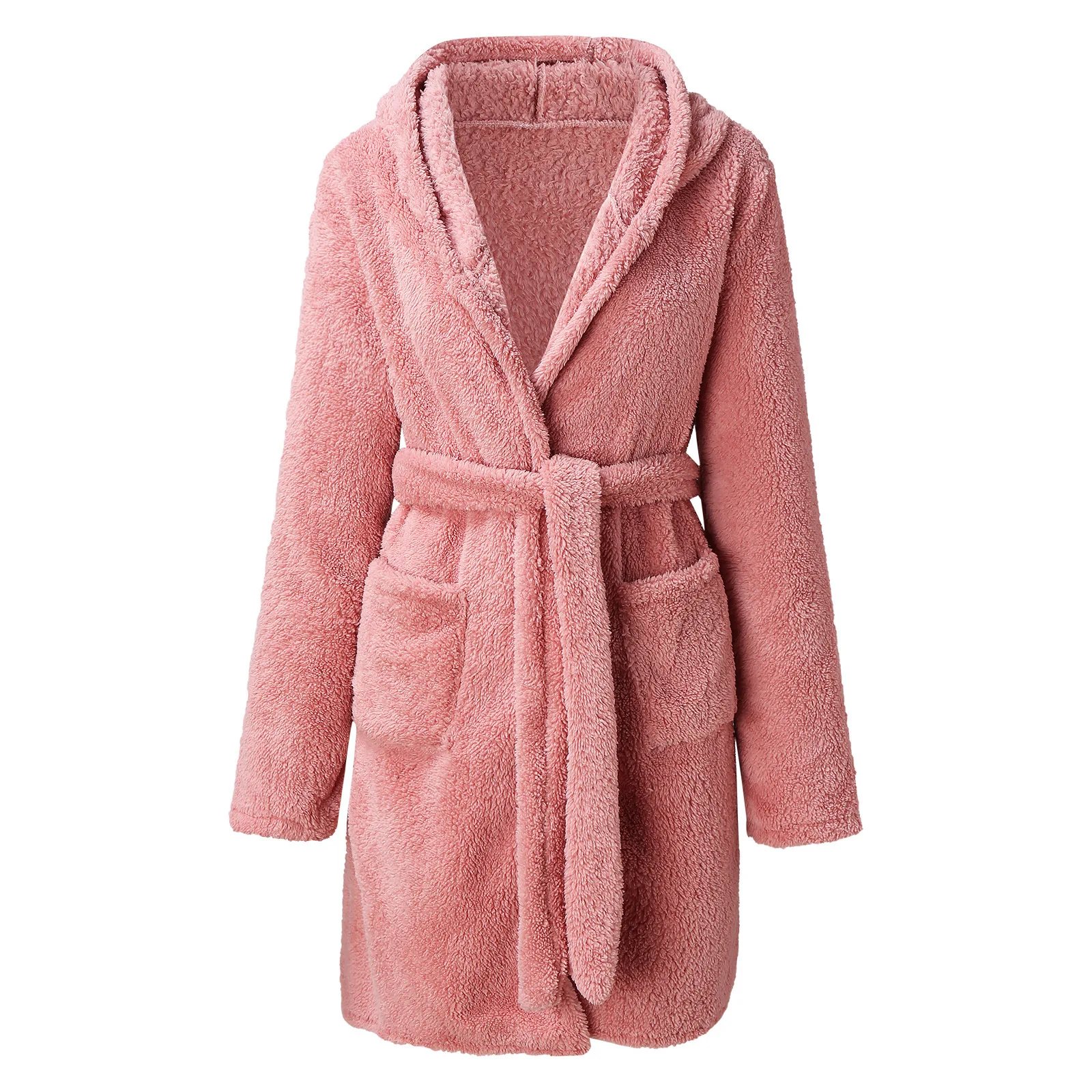 Women Winter Warm Hooded Plush Flannel Thicken Kimono Bathrobe Home Clothes Long Sleeved Short Robe Sleepwear Nightwear