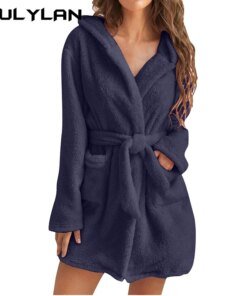 Women Winter Warm Hooded Plush Flannel Thicken Kimono Bathrobe Home Clothes Long Sleeved Short Robe Sleepwear Nightwear