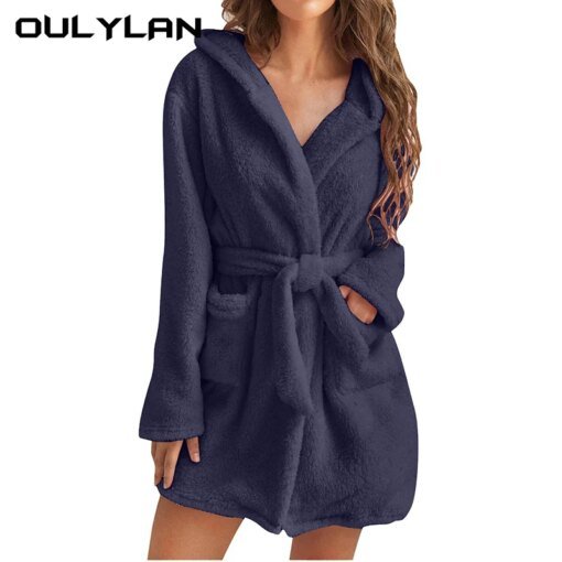 Women Winter Warm Hooded Plush Flannel Thicken Kimono Bathrobe Home Clothes Long Sleeved Short Robe Sleepwear Nightwear