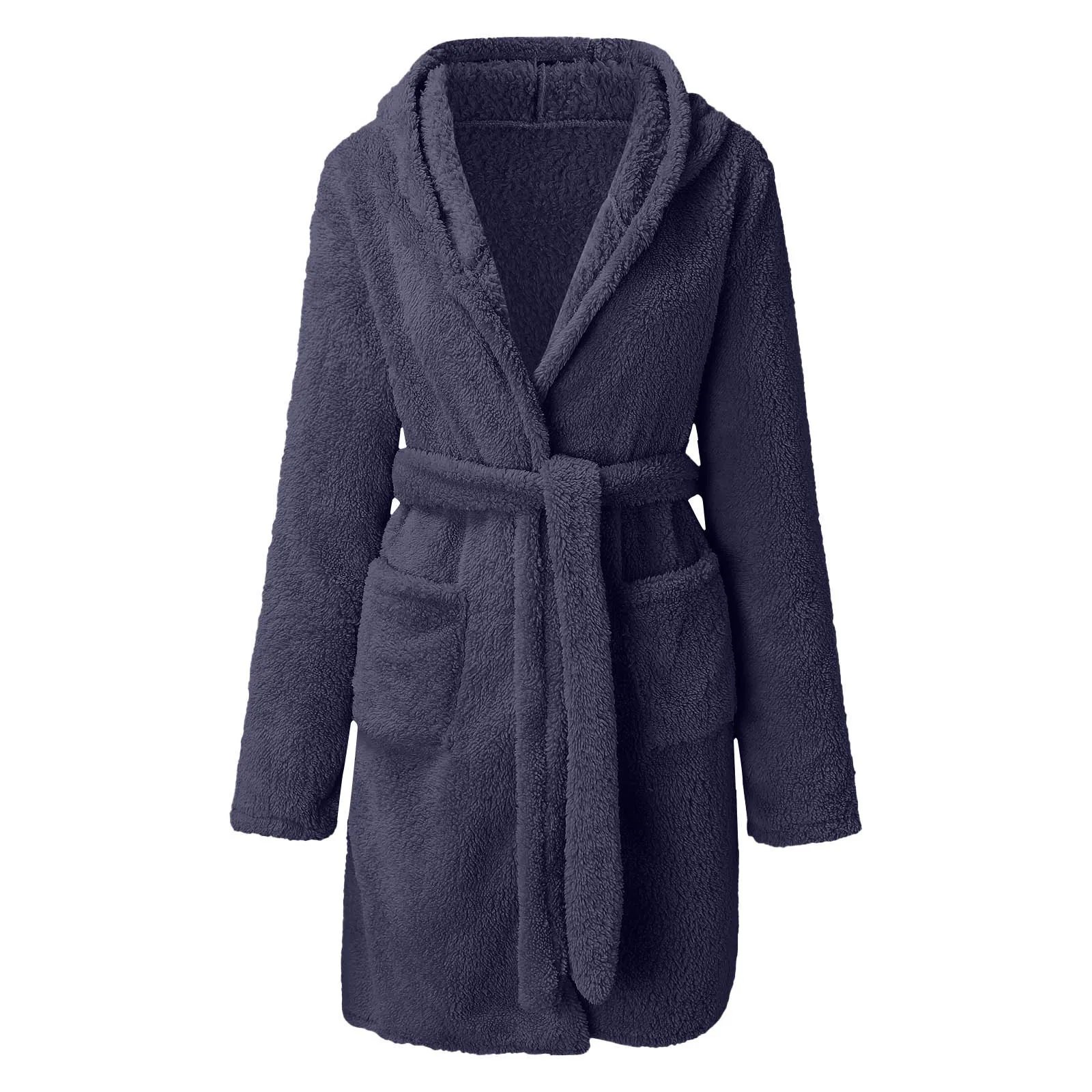 Women Winter Warm Hooded Plush Flannel Thicken Kimono Bathrobe Home Clothes Long Sleeved Short Robe Sleepwear Nightwear