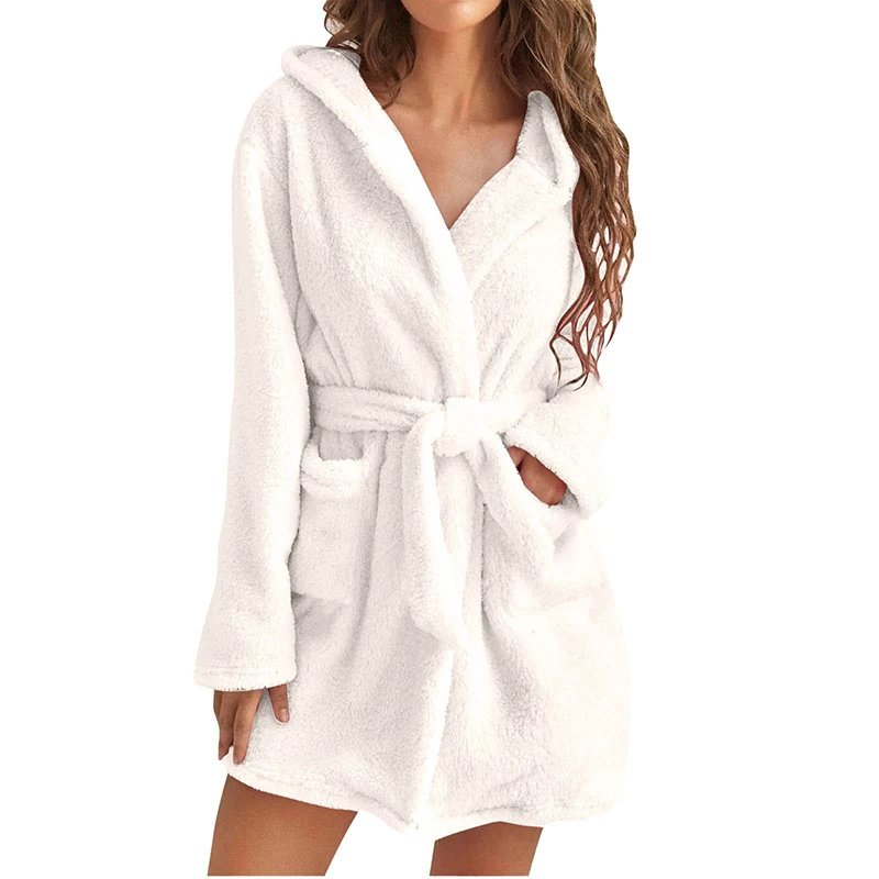 Women Winter Warm Hooded Plush Flannel Thicken Kimono Bathrobe Home Clothes Long Sleeved Short Robe Sleepwear Nightwear