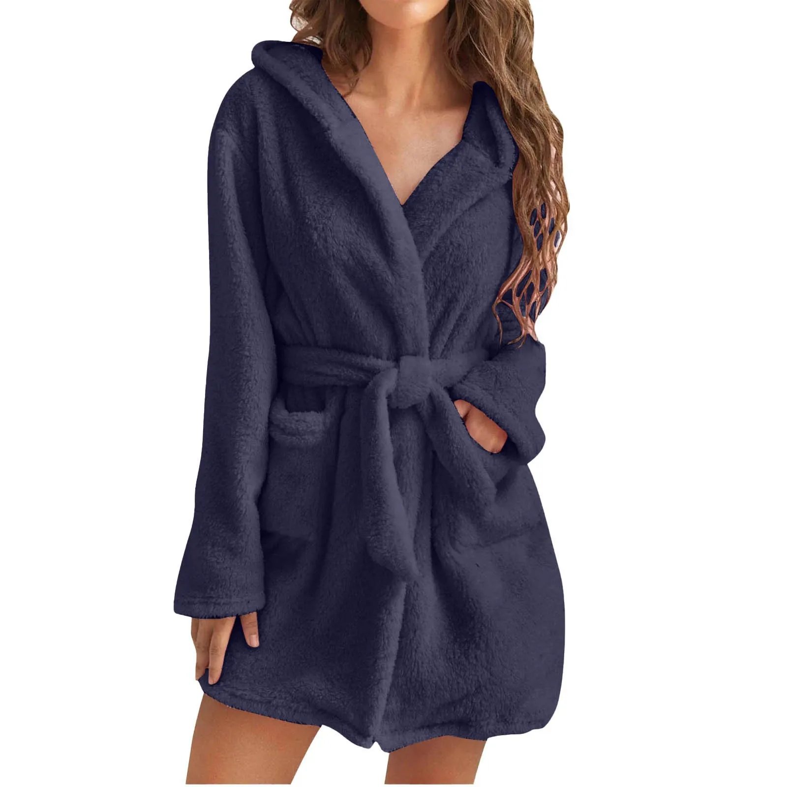 Women Winter Warm Hooded Plush Flannel Thicken Kimono Bathrobe Home Clothes Long Sleeved Short Robe Sleepwear Nightwear