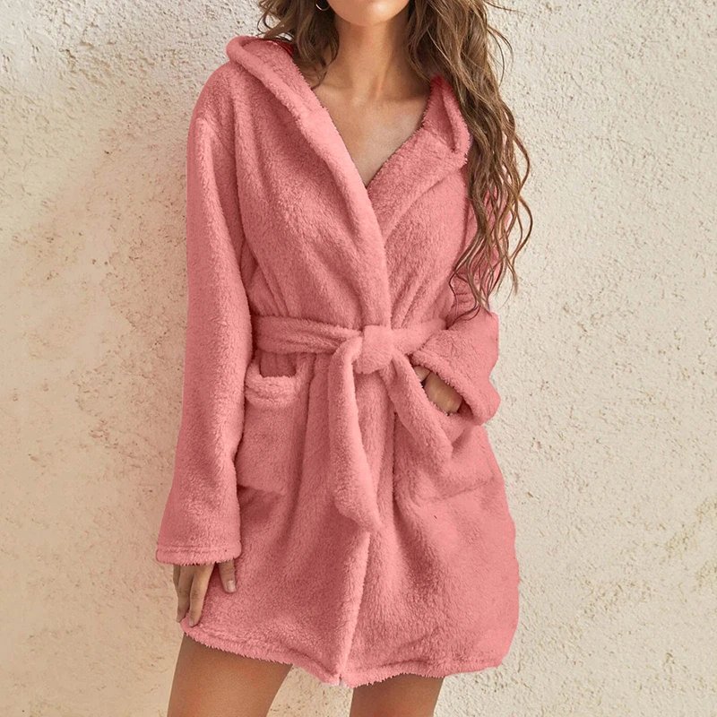 Women Winter Warm Hooded Plush Flannel Thicken Kimono Bathrobe Home Clothes Long Sleeved Short Robe Sleepwear Nightwear