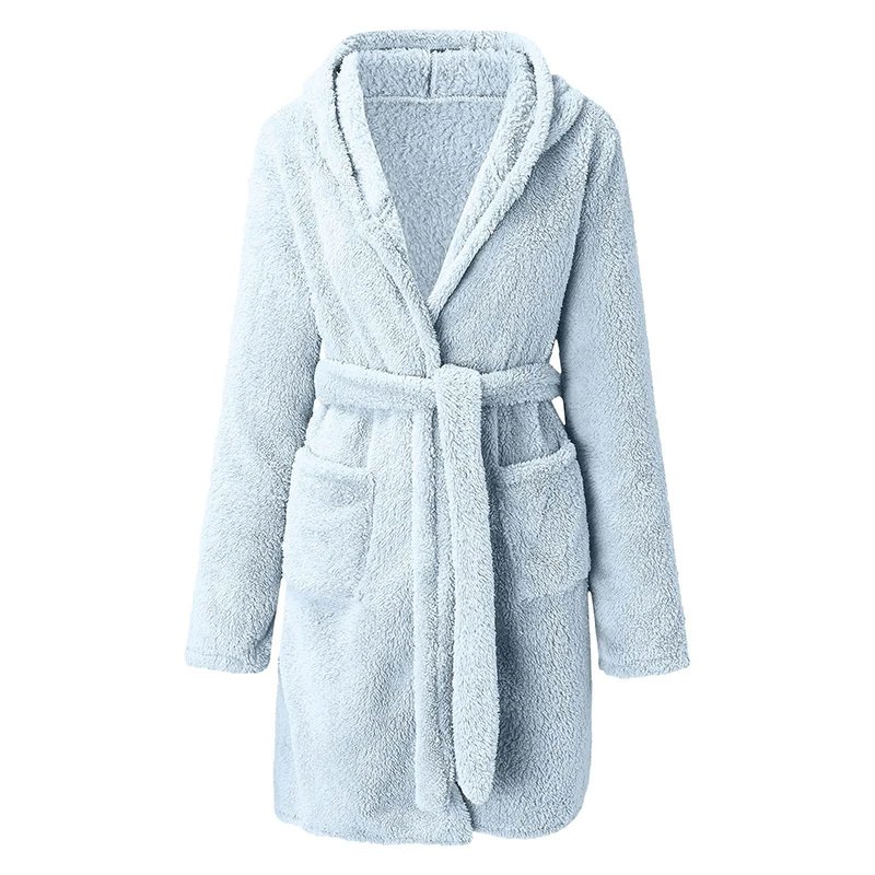 Women Winter Warm Hooded Plush Flannel Thicken Kimono Bathrobe Home Clothes Long Sleeved Short Robe Sleepwear Nightwear