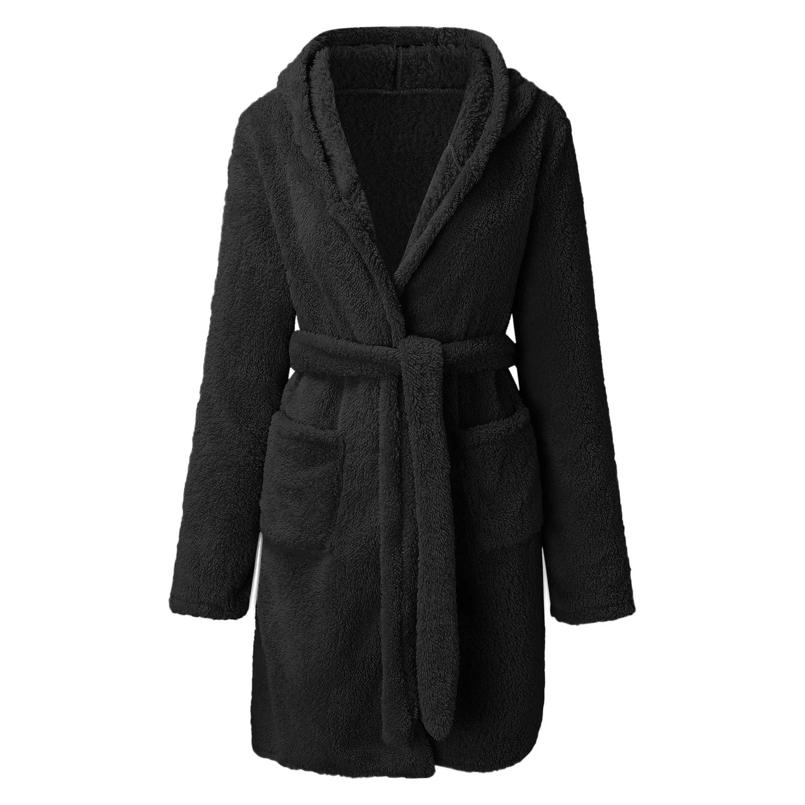 Women Winter Warm Hooded Plush Flannel Thicken Kimono Bathrobe Home Clothes Long Sleeved Short Robe Sleepwear Nightwear