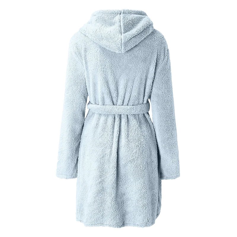 Women Winter Warm Hooded Plush Flannel Thicken Kimono Bathrobe Home Clothes Long Sleeved Short Robe Sleepwear Nightwear
