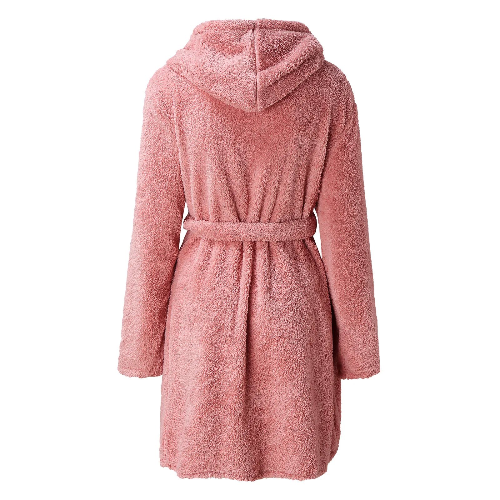 Women Winter Warm Hooded Plush Flannel Thicken Kimono Bathrobe Home Clothes Long Sleeved Short Robe Sleepwear Nightwear