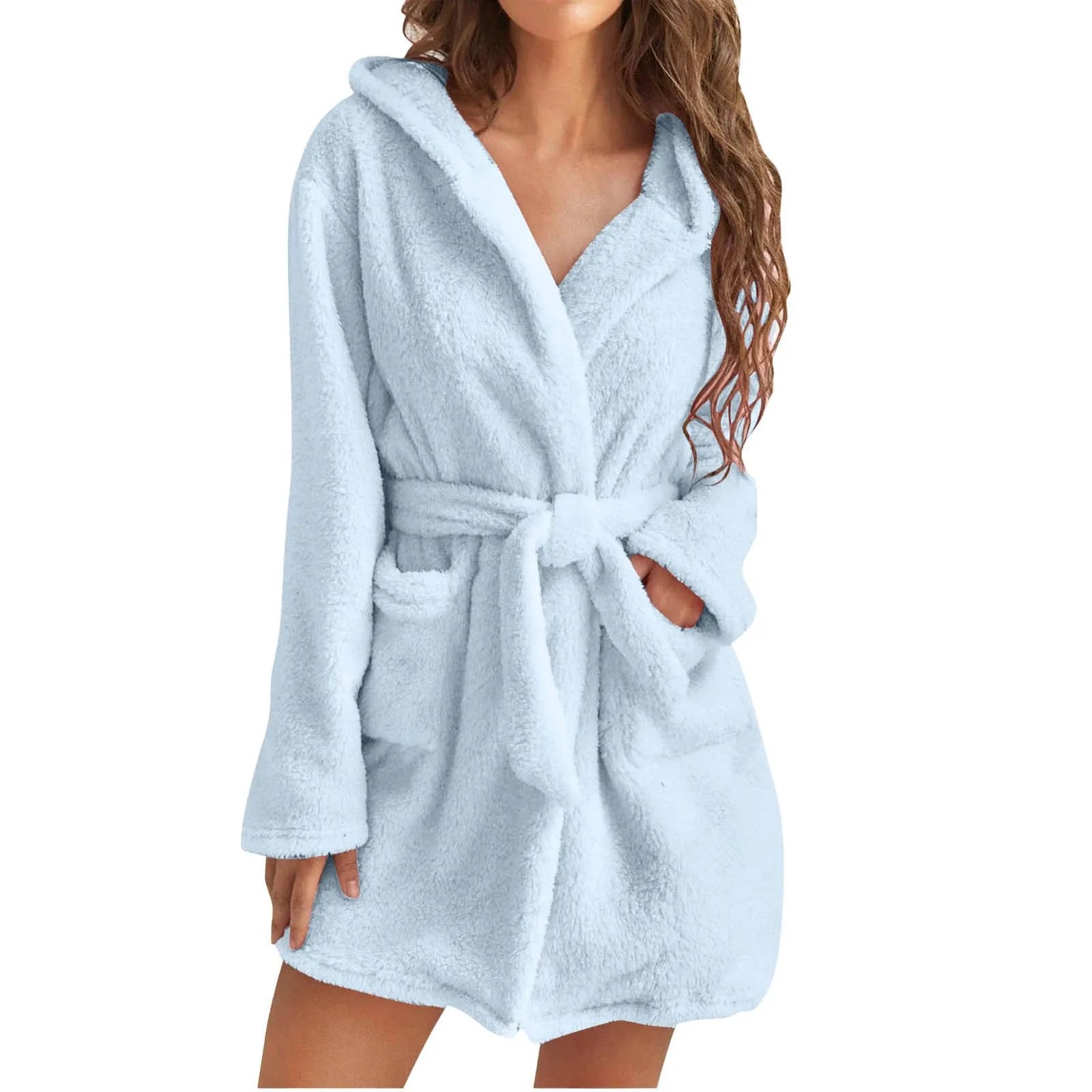 Women Winter Warm Hooded Plush Flannel Thicken Kimono Bathrobe Home Clothes Long Sleeved Short Robe Sleepwear Nightwear