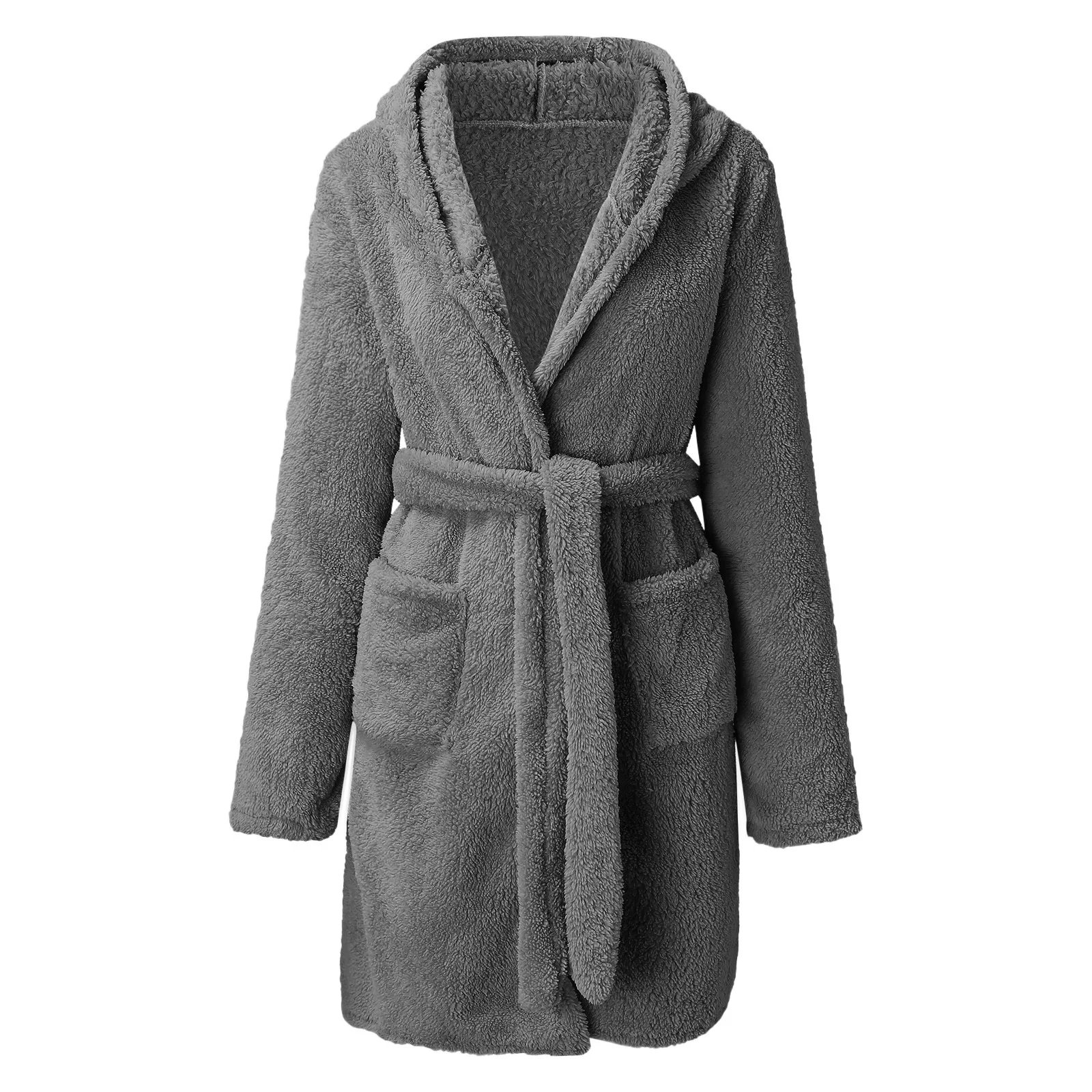 Women Winter Warm Hooded Plush Flannel Thicken Kimono Bathrobe Home Clothes Long Sleeved Short Robe Sleepwear Nightwear