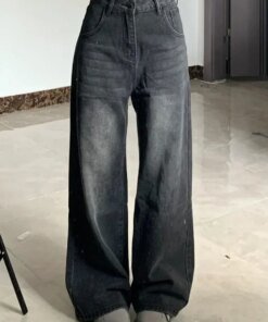 Vintage Black Jeans Women High Waist Y2k 90s Streetwear Baggy Casual Fashion Straight Washed Denim Trouser