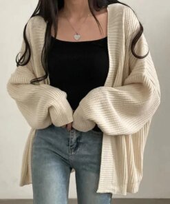 Zoki Harajuku Oversize Cardigan Sweater Women Casual Loose Lazy Wind Korean Tops Vintage Long Sleeve Lady Simple Design Cardigan