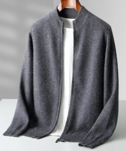 Autumn Winter Men's Woo Cardigan Zippers Mock Neck Long Sleeve Cashmere Sweater 100% Merino Wool Knitwear Thick Soft Clothing
