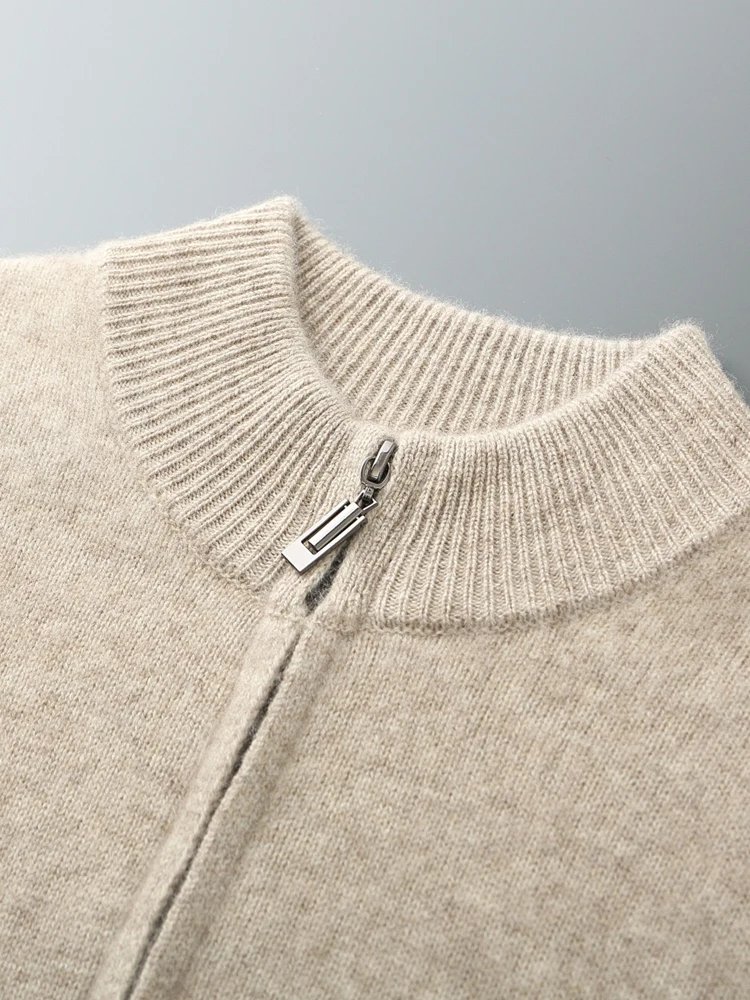 Autumn Winter Men's Woo Cardigan Zippers Mock Neck Long Sleeve Cashmere Sweater 100% Merino Wool Knitwear Thick Soft Clothing