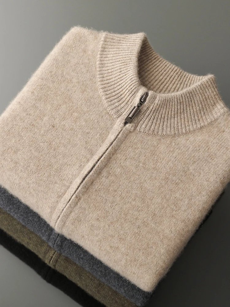Autumn Winter Men's Woo Cardigan Zippers Mock Neck Long Sleeve Cashmere Sweater 100% Merino Wool Knitwear Thick Soft Clothing
