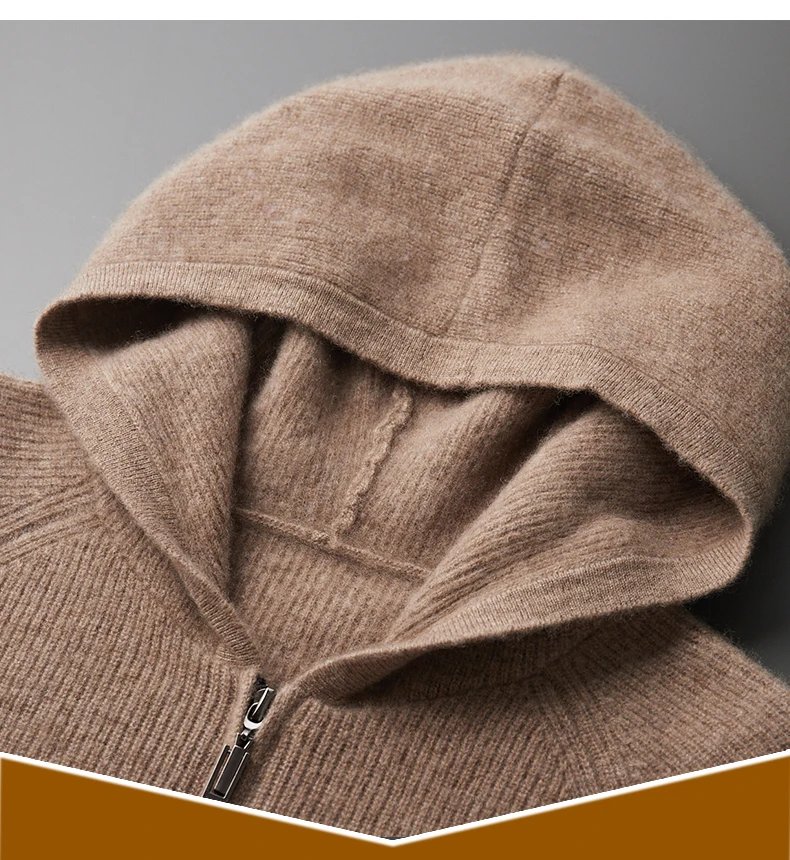 Autumn and Winter 100% Merino Wool Men's Hooded Cardigan Thickened Knit Large-size Jacket Casual Long Sleeved Sportswear Coat Autumn and Winter 100% Merino Wool Men's Hooded Cardigan Thickened Knit Large-size Jacket Casual Long Sleeved Sportswear Coat