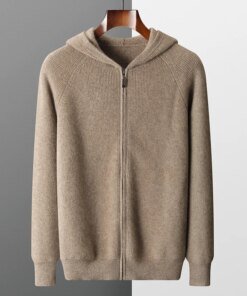 Autumn and Winter 100% Merino Wool Men's Hooded Cardigan Thickened Knit Large-size Jacket Casual Long Sleeved Sportswear Coat