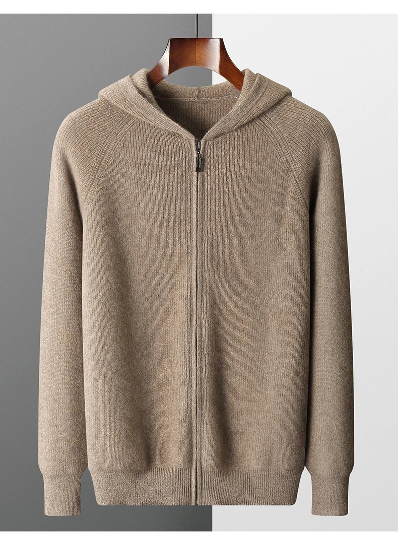 Autumn and Winter 100% Merino Wool Men's Hooded Cardigan Thickened Knit Large-size Jacket Casual Long Sleeved Sportswear Coat Autumn and Winter 100% Merino Wool Men's Hooded Cardigan Thickened Knit Large-size Jacket Casual Long Sleeved Sportswear Coat