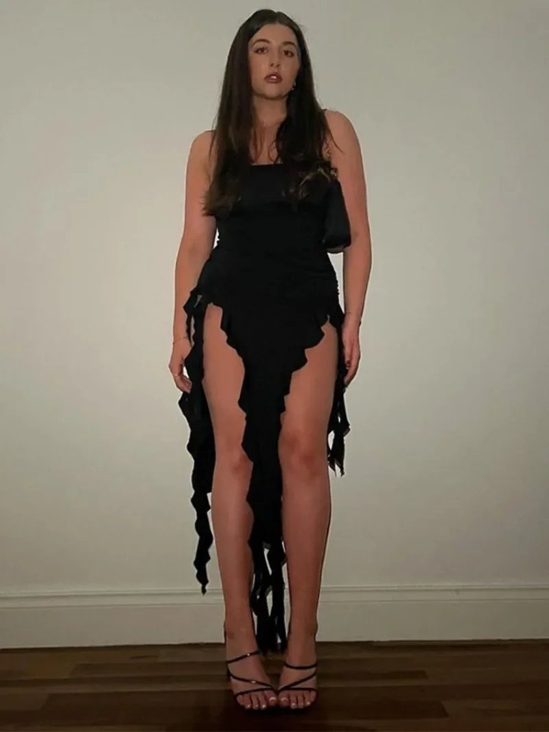 BWQ Long Dresses For Women Slit Sexy Bodycon Sleeveless Jellyfish Dress Hot Girls Fashion Off The Shoulders Maxi Dress Woman