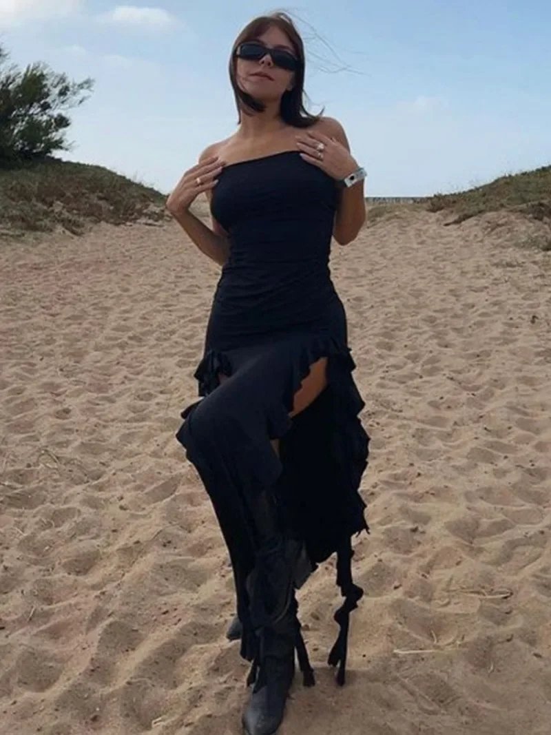 BWQ Long Dresses For Women Slit Sexy Bodycon Sleeveless Jellyfish Dress Hot Girls Fashion Off The Shoulders Maxi Dress Woman