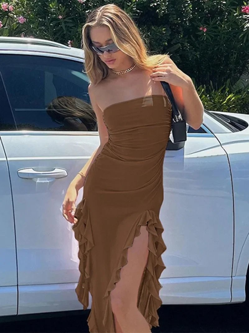 BWQ Long Dresses For Women Slit Sexy Bodycon Sleeveless Jellyfish Dress Hot Girls Fashion Off The Shoulders Maxi Dress Woman