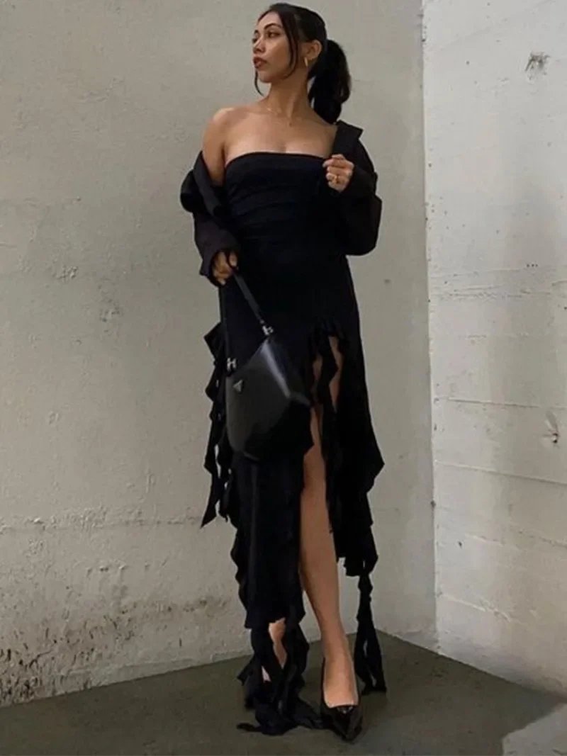 BWQ Long Dresses For Women Slit Sexy Bodycon Sleeveless Jellyfish Dress Hot Girls Fashion Off The Shoulders Maxi Dress Woman