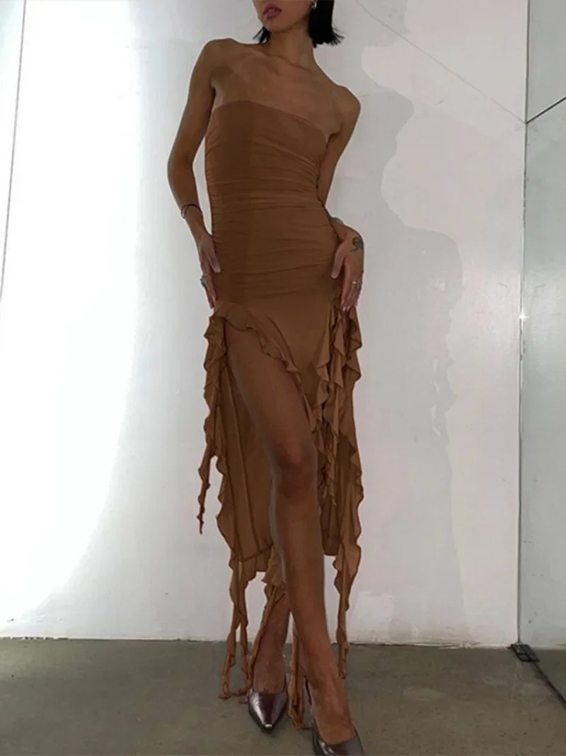 BWQ Long Dresses For Women Slit Sexy Bodycon Sleeveless Jellyfish Dress Hot Girls Fashion Off The Shoulders Maxi Dress Woman