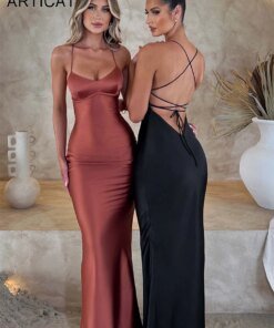 Articat Satin Backless Lace Up Mermaid Slip Dress Women Sweetheart Neck Sexy Slim Bodycon Dresses Elegant Silk Gown Partywear