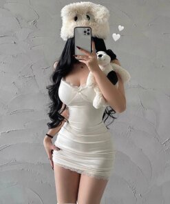 Y2K Retro Lace Patchwork Spaghetti Strap Black Bodycon Dress Mini Fashion Aesthetic Bow Club Party Sexy Dresses for Women