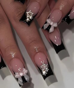 Black French Tips Press on Nails 3D White Bowknot Alloy Stars Designs Fake Nails Ballet Charms False Nails Korean Manicure