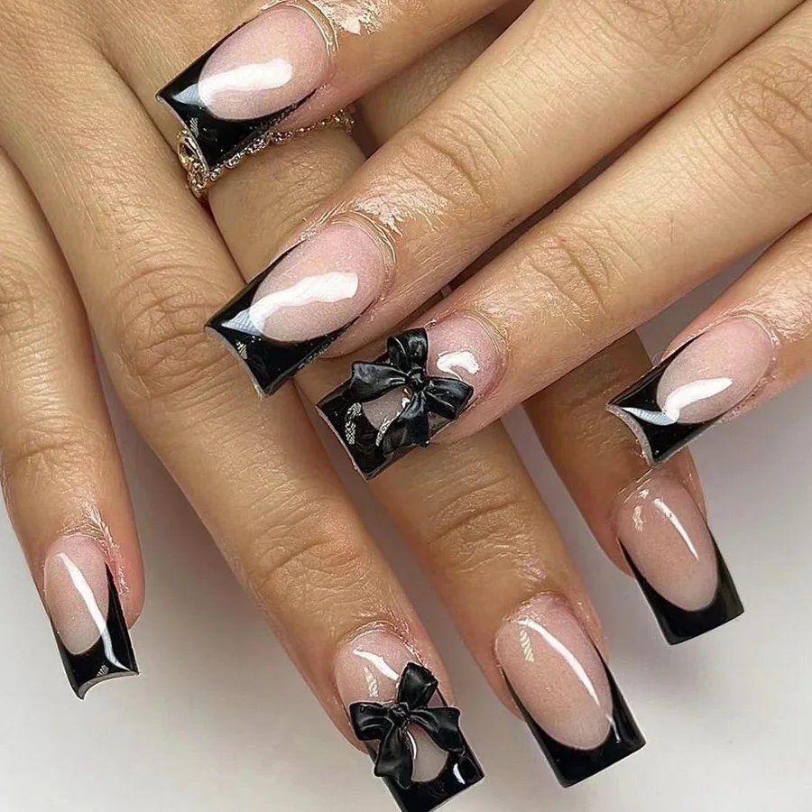 Black French Tips Press on Nails 3D White Bowknot Alloy Stars Designs Fake Nails Ballet Charms False Nails Korean Manicure