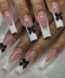 Alternative view of Black French Tips Press on Nails 3D White Bowknot Alloy Stars Designs Fake Nails Ballet Charms False Nails Korean Manicure