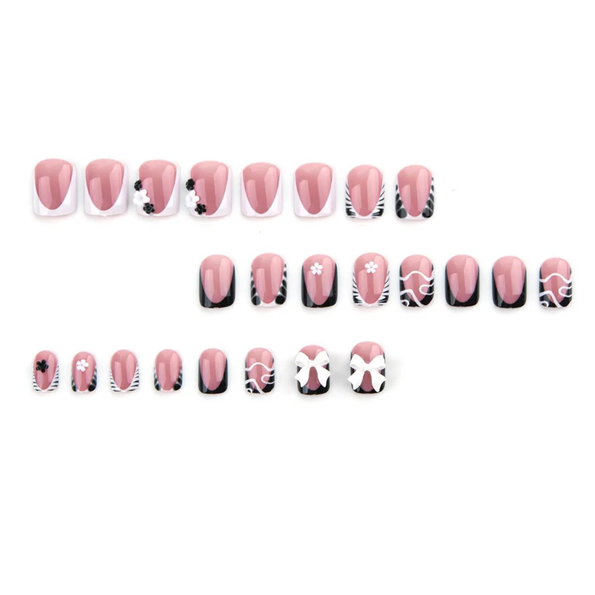 24Pcs Short Coffin False Nails with 3D Bow Dark Y2K Nail Art Animal Print Design Stick on Fake Nails Wearable Acrylic Nail Tips