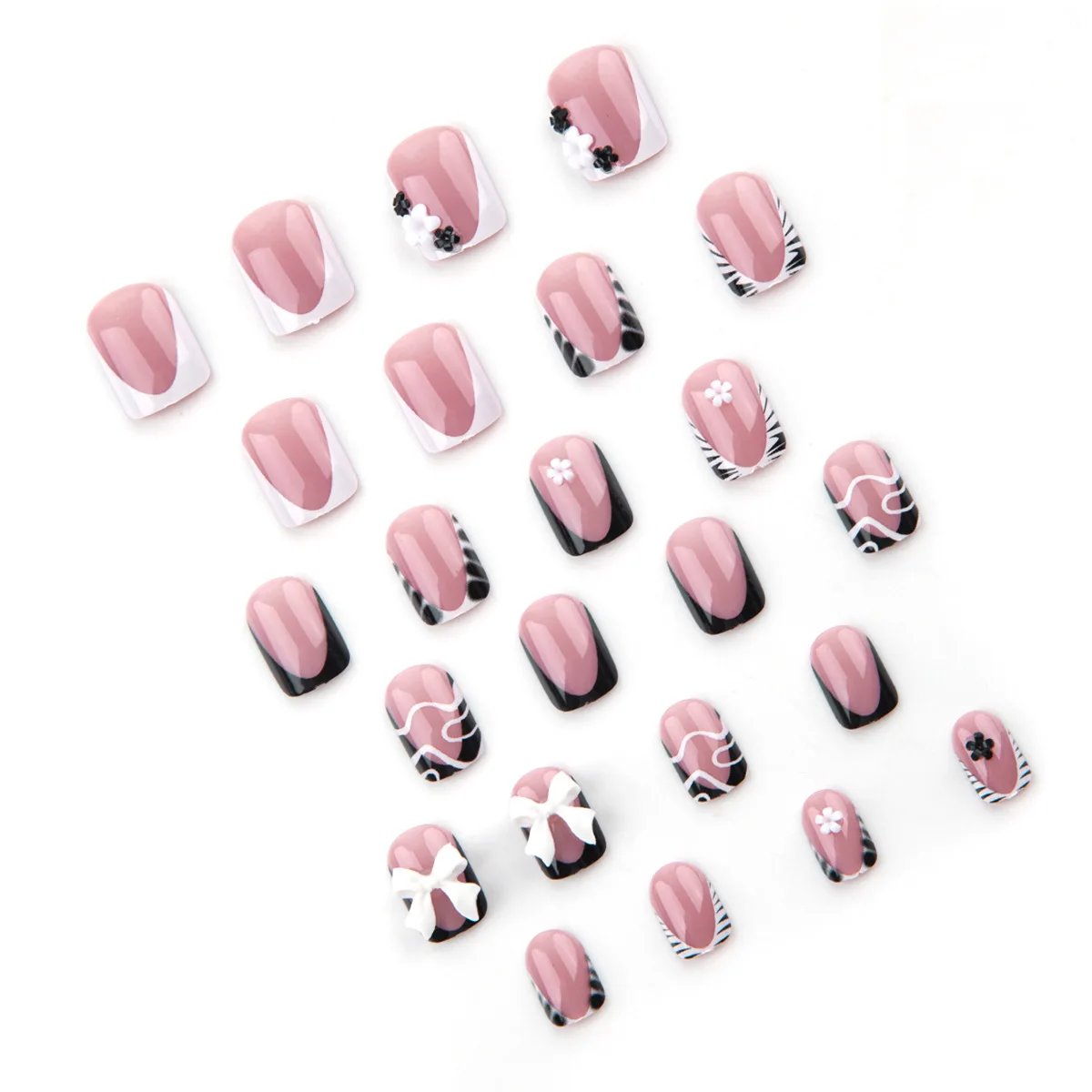 24Pcs Short Coffin False Nails with 3D Bow Dark Y2K Nail Art Animal Print Design Stick on Fake Nails Wearable Acrylic Nail Tips