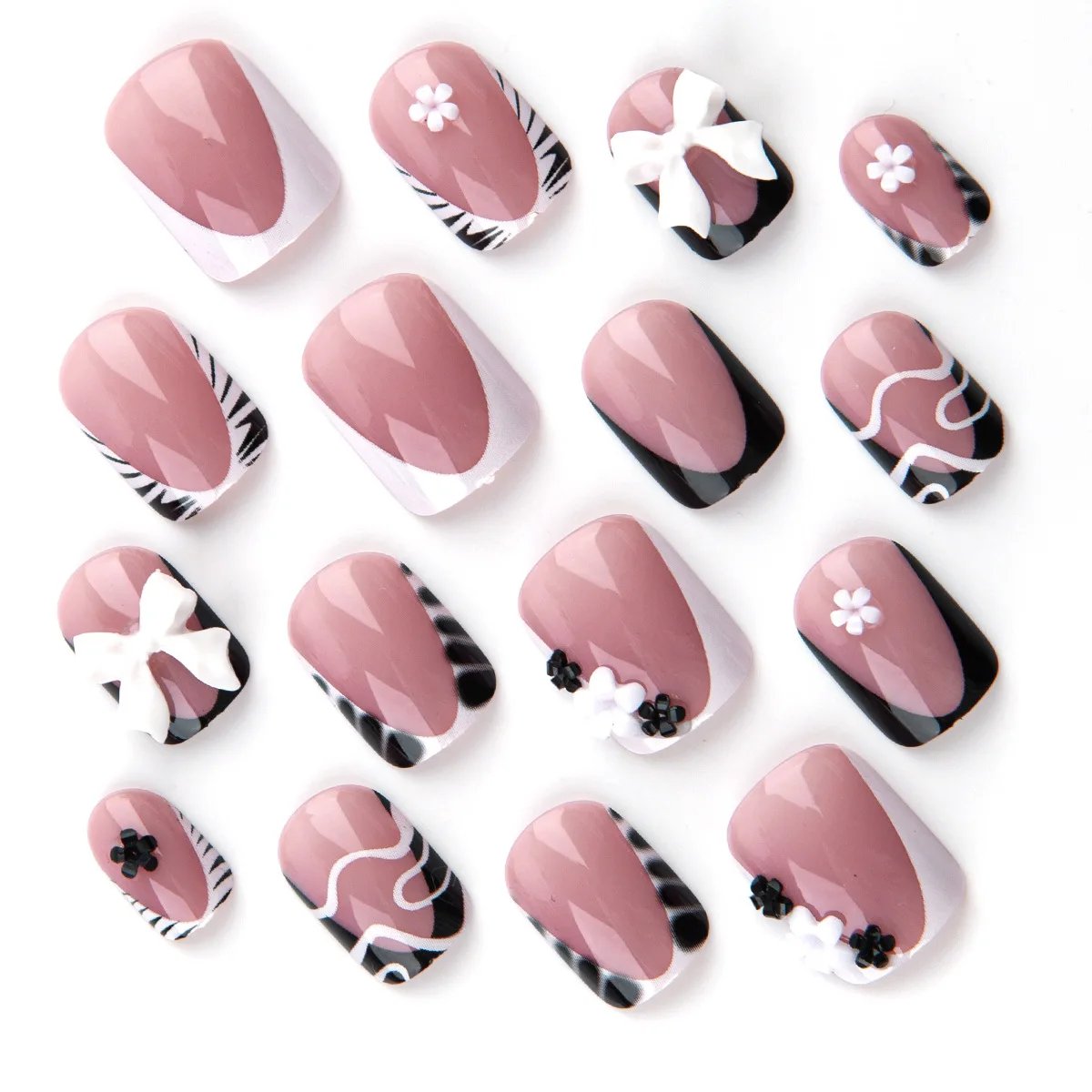 24Pcs Short Coffin False Nails with 3D Bow Dark Y2K Nail Art Animal Print Design Stick on Fake Nails Wearable Acrylic Nail Tips