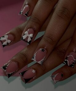 24Pcs Short Coffin False Nails with 3D Bow Dark Y2K Nail Art Animal Print Design Stick on Fake Nails Wearable  Acrylic Nail Tips
