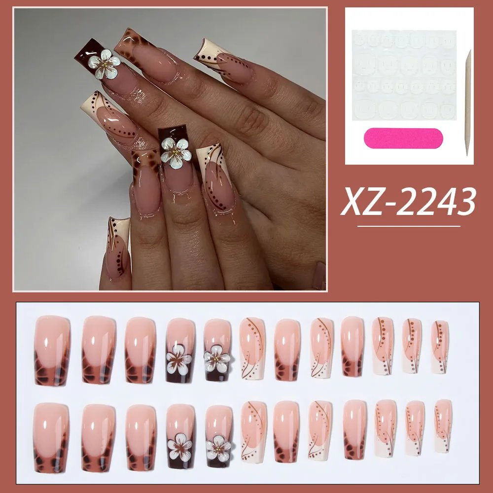 24pcs medium and long French leopard print fake nails, black leopard print line spot fake nails, white flower bright full cover 24pcs medium and long French leopard print fake nails, black leopard print line spot fake nails, white flower bright full cover
