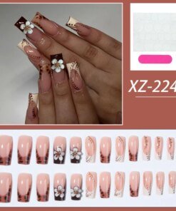 Alternative view of 24pcs medium and long French leopard print fake nails, black leopard print line spot fake nails, white flower bright full cover