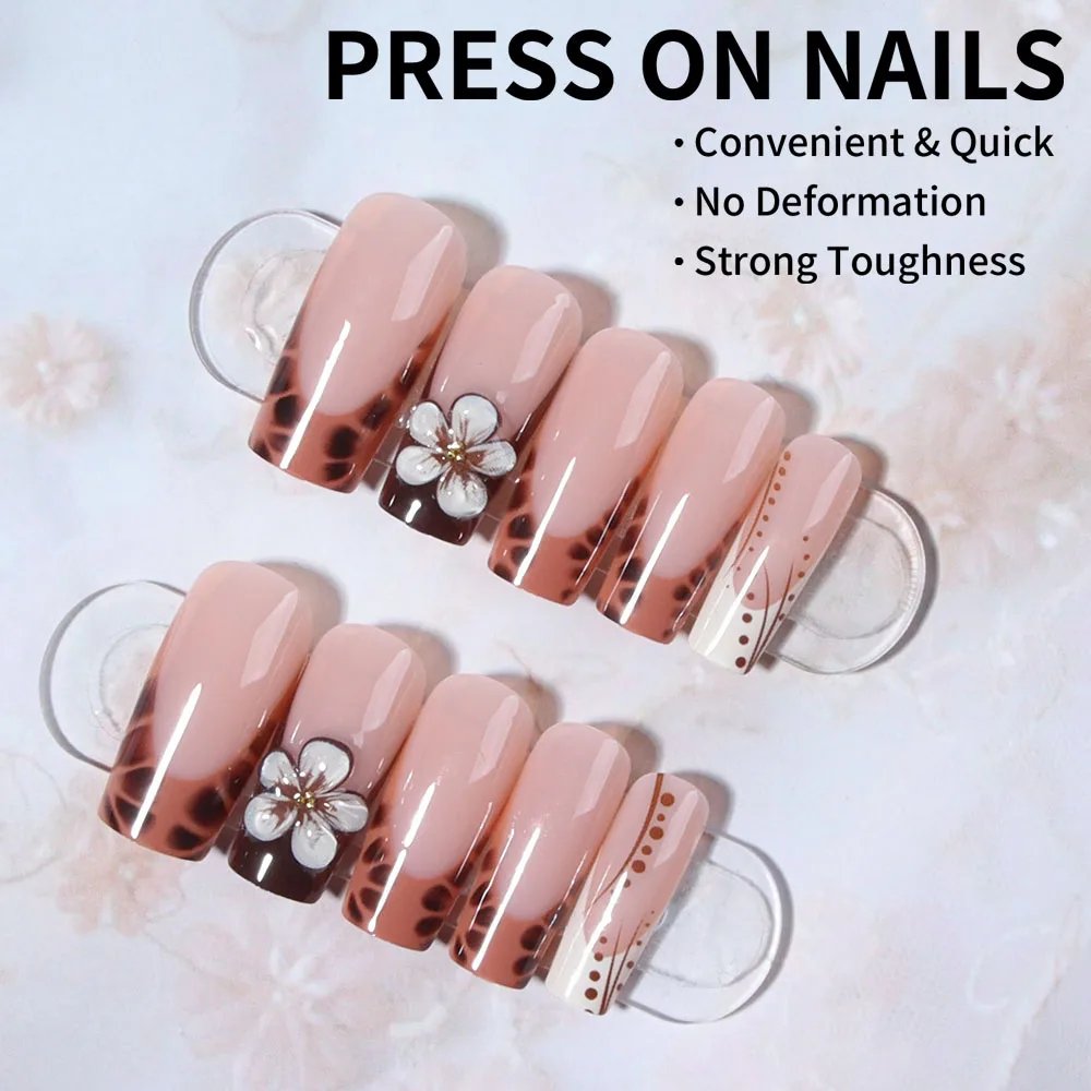 24pcs medium and long French leopard print fake nails, black leopard print line spot fake nails, white flower bright full cover 24pcs medium and long French leopard print fake nails, black leopard print line spot fake nails, white flower bright full cover