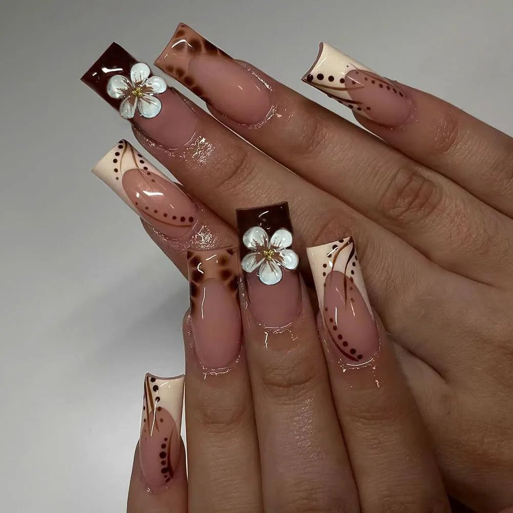 24pcs medium and long French leopard print fake nails, black leopard print line spot fake nails, white flower bright full cover 24pcs medium and long French leopard print fake nails, black leopard print line spot fake nails, white flower bright full cover