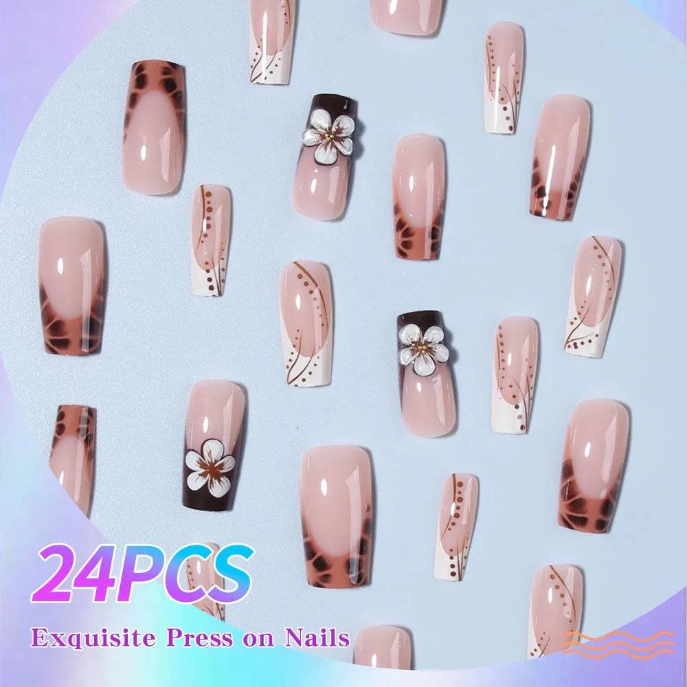 24pcs medium and long French leopard print fake nails, black leopard print line spot fake nails, white flower bright full cover 24pcs medium and long French leopard print fake nails, black leopard print line spot fake nails, white flower bright full cover