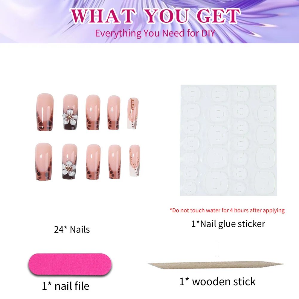 24pcs medium and long French leopard print fake nails, black leopard print line spot fake nails, white flower bright full cover 24pcs medium and long French leopard print fake nails, black leopard print line spot fake nails, white flower bright full cover
