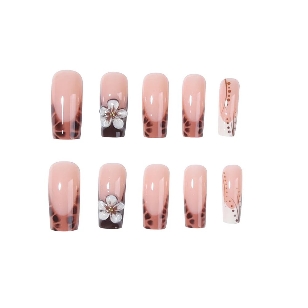 24pcs medium and long French leopard print fake nails, black leopard print line spot fake nails, white flower bright full cover 24pcs medium and long French leopard print fake nails, black leopard print line spot fake nails, white flower bright full cover