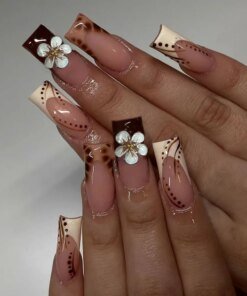 24pcs medium and long French leopard print fake nails, black leopard print line spot fake nails, white flower bright full cover